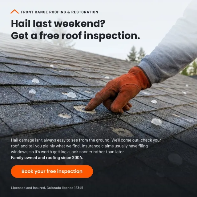 Ad, angle 1: Hail last weekend? Get a free roof inspection. A gloved hand on a hail-dented shingle, with a Book your free inspection button.