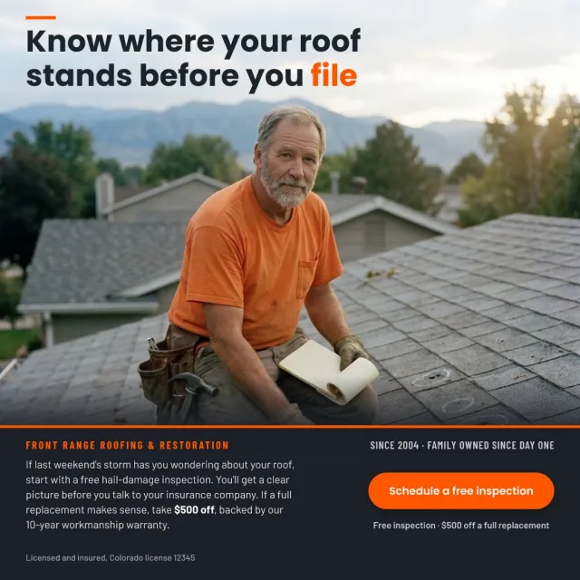 Ad, angle 2: Know where your roof stands before you file. A roofer on a roof, with a Schedule a free inspection button.