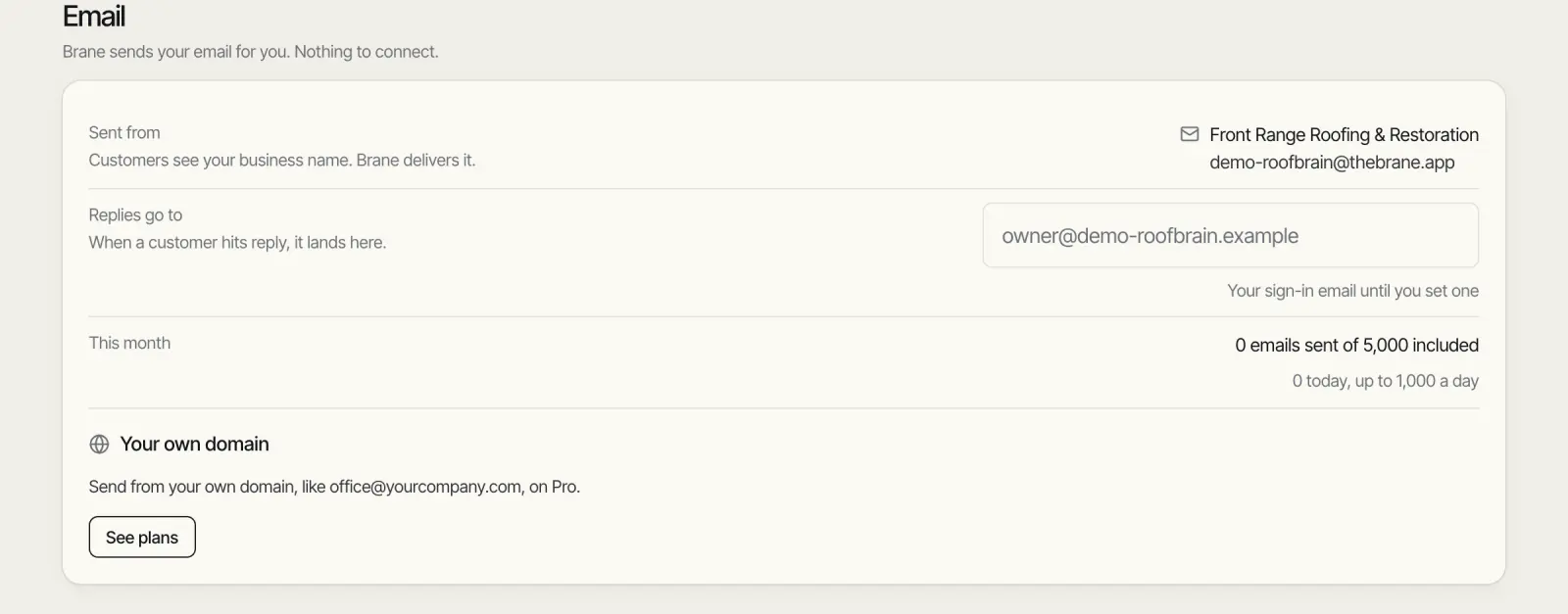 Email settings: sent from the shop's name, replies to the owner's inbox, emails sent this month, and sending from your own domain on Pro.