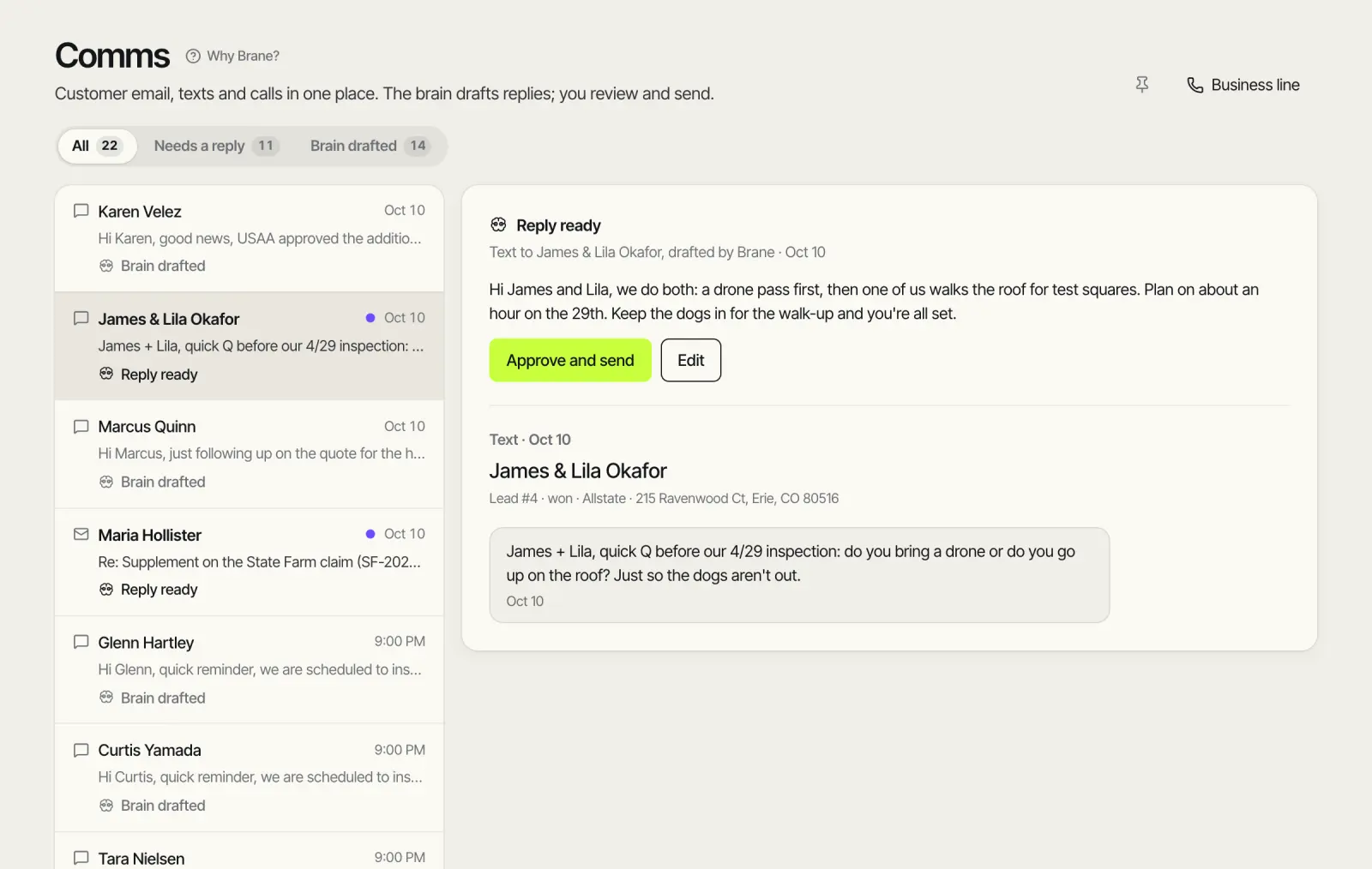 The Brane inbox: customer texts and emails in one list, with a reply the brain drafted waiting on Approve and send.
