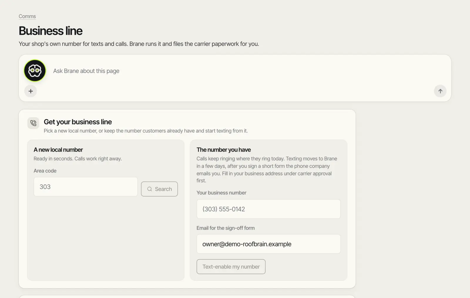 Setting up the business line: pick a new local number or text-enable the one you have.