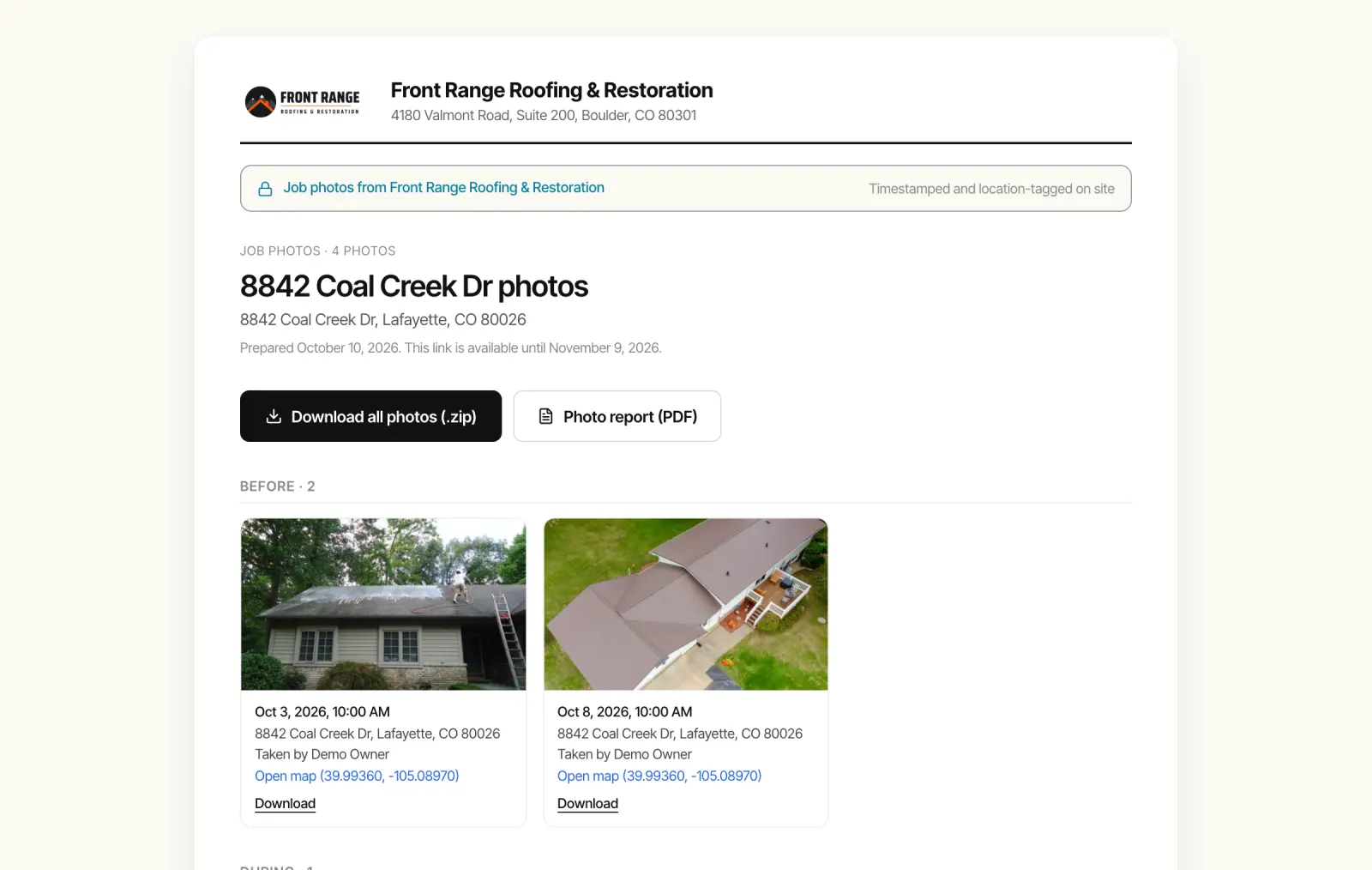 A shared photo report with the shop's logo, a download of every photo and a PDF report, each shot dated and located.
