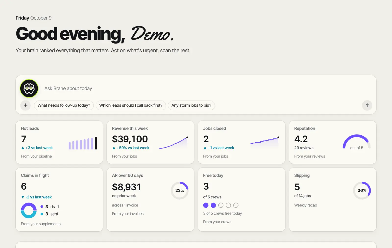 The Brane Today page: Good evening, Demo, an Ask Brane bar, and tiles for hot leads, revenue, jobs closed, reputation, claims, money owed, free crews and slipping jobs.